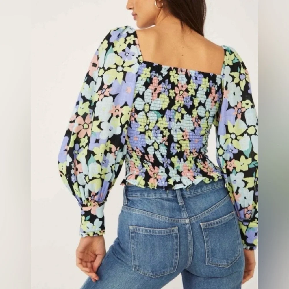 FREE PEOPLE Ariana Floral Puff Sleeve Top Cotton Cropped Blouse Size XS